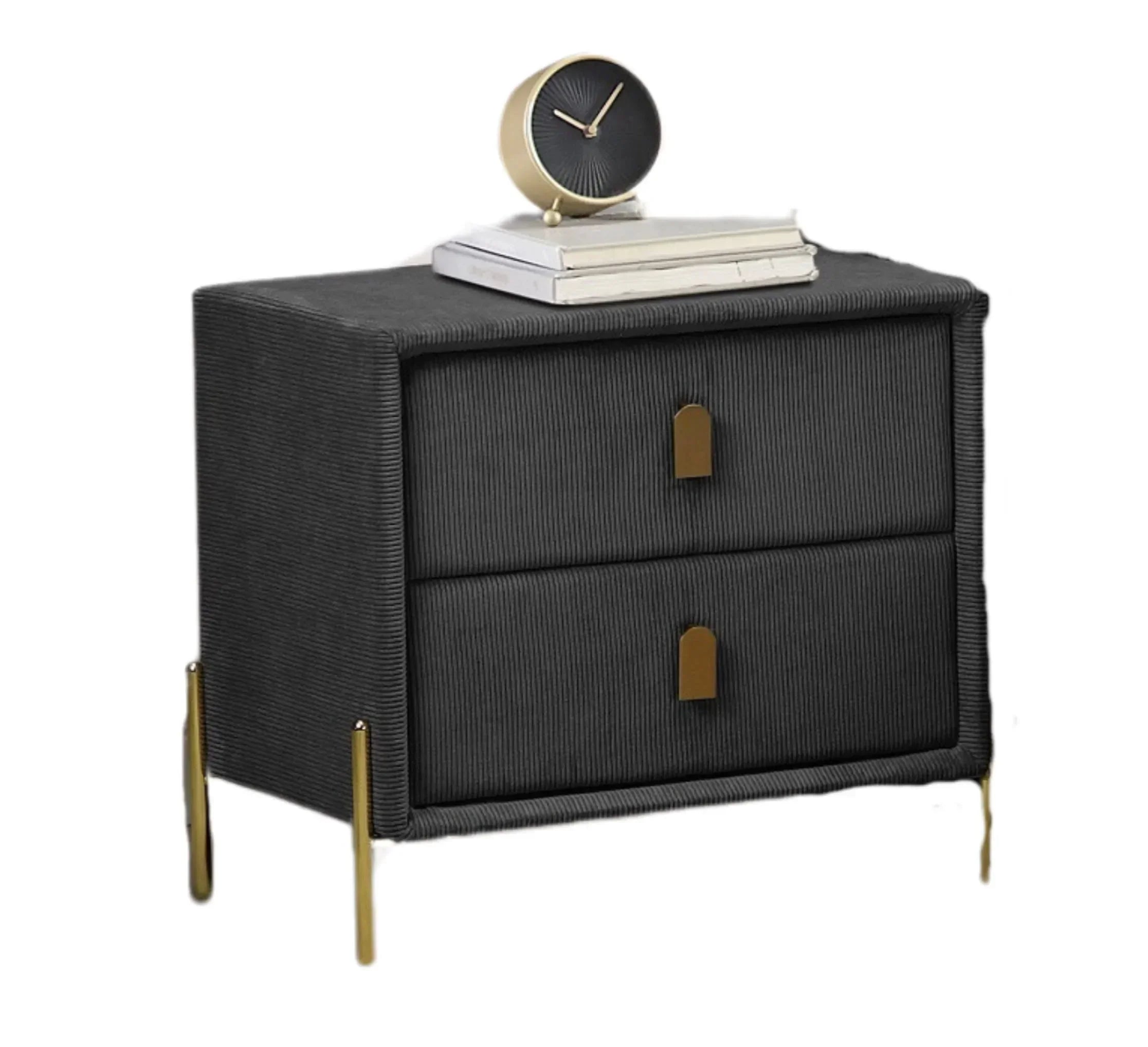Black two-drawer bedside table with gold handles and legs, books and clock on top