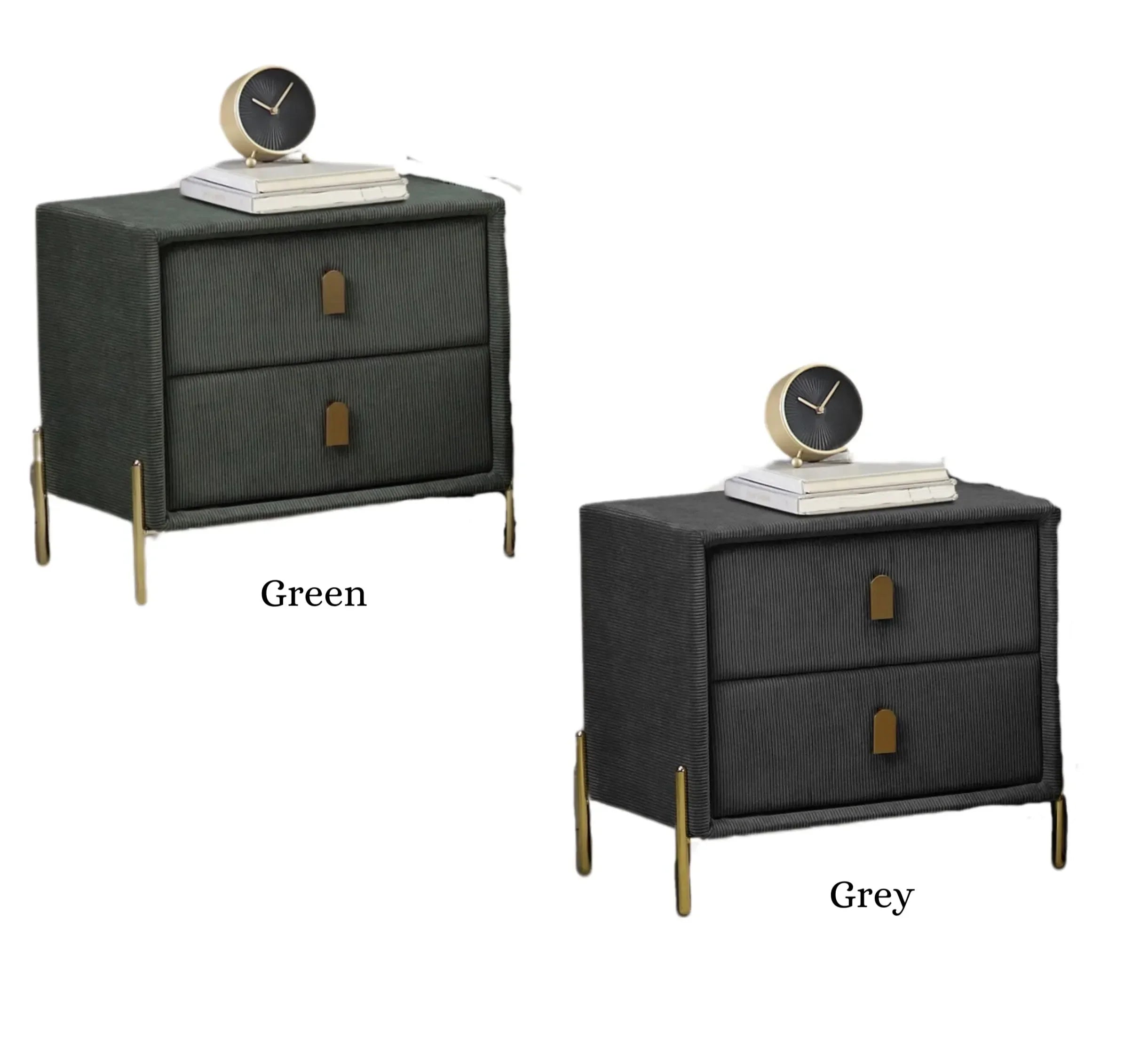 Green and grey bedside tables with gold legs, two drawers, and tabletop clock