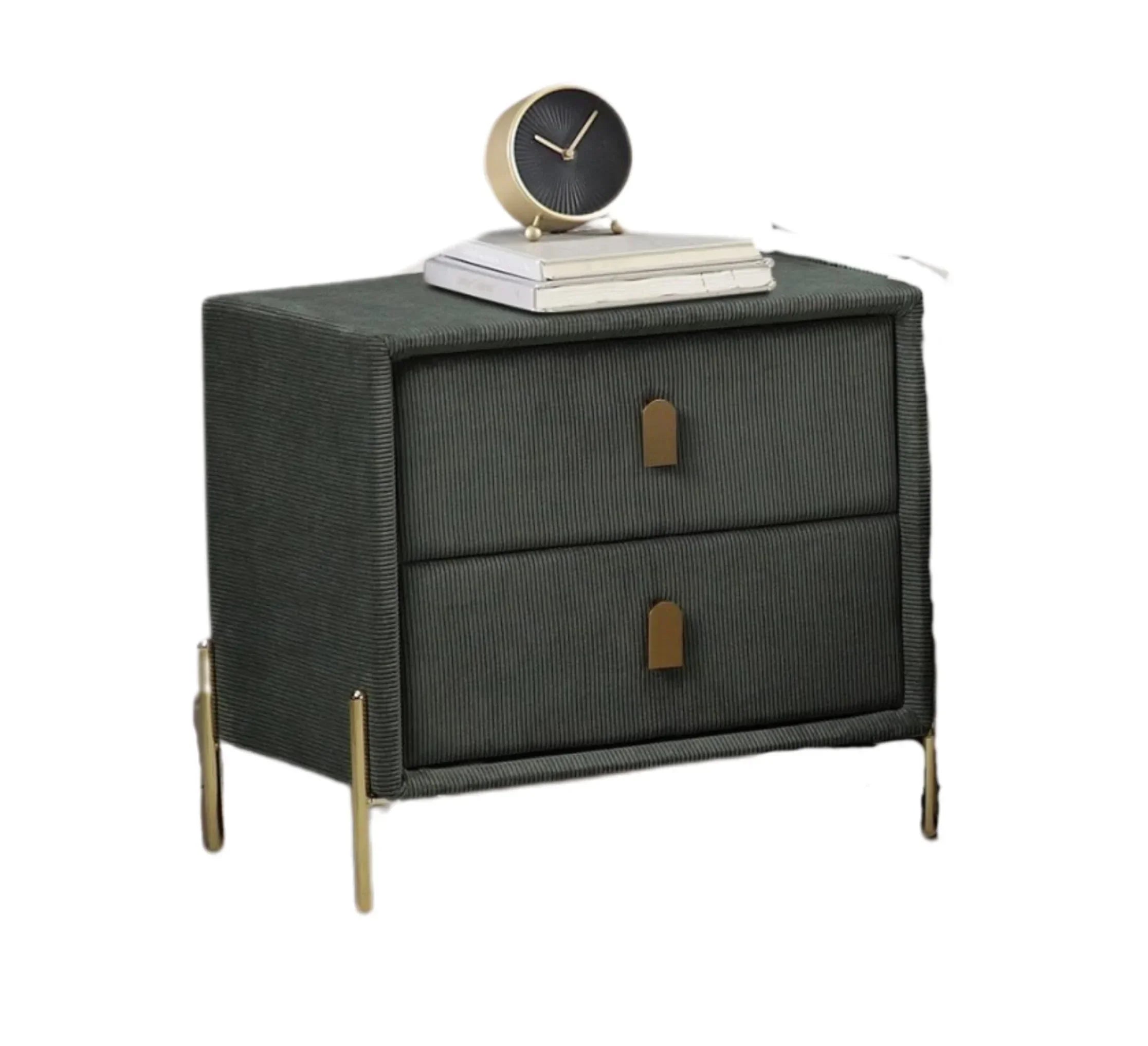 Modern bedside table with two drawers, gold handles and legs, books and clock on top