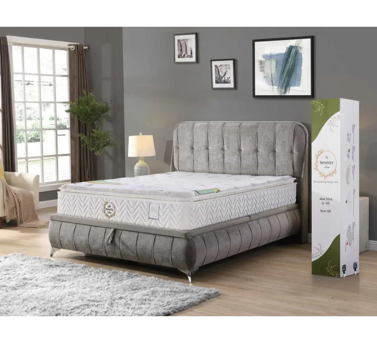 Grey upholstered bed frame with Serenity mattress in modern bedroom