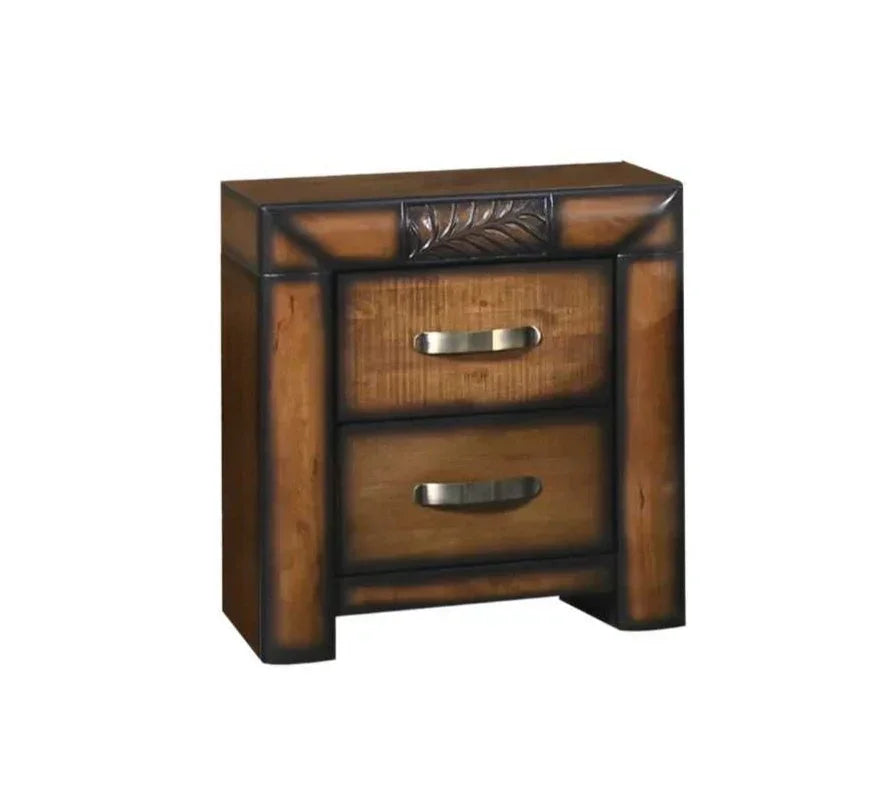Two drawer wooden bedside table with metal handles and carved leaf detail on top drawer