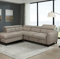 Brown corner sofa with modern design, tufted cushions, and sleek legs in a stylish living room setting