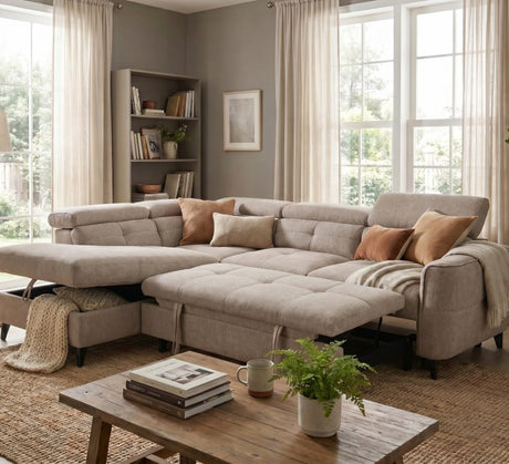 Brown corner sofa with plush cushions and throw pillows in a cozy living room setting