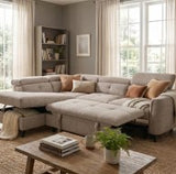 Brown corner sofa with plush cushions and decorative pillows in a cozy living room setting