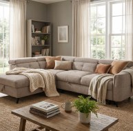 Brown corner sofa with cozy throw blankets and pillows in a stylish living room setting