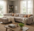 Brown corner sofa with cozy throw and pillows in a bright living room setting