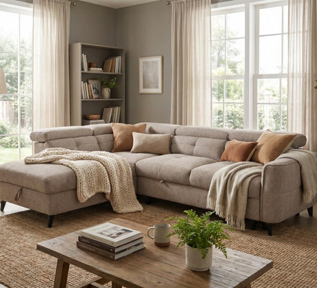 Brown corner sofa with cozy throw and pillows in a bright living room setting