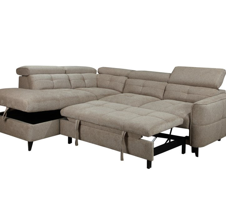 Brown corner sofa with tufted design and storage chaise for modern living spaces