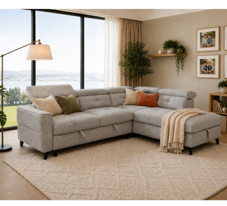 Grey corner sofa with plush cushions and decorative pillows in a bright living room setting