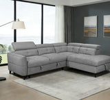 Grey corner sofa with plush cushions and modern design in a bright living room setting