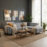 Grey corner sofa in a modern living room with a coffee table and decorative elements