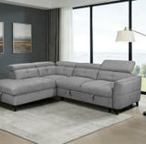 Grey corner sofa with tufted design and modern style in a bright living room setting