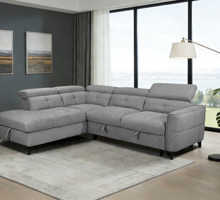 Grey corner sofa with plush cushions and modern design in a stylish living room setting