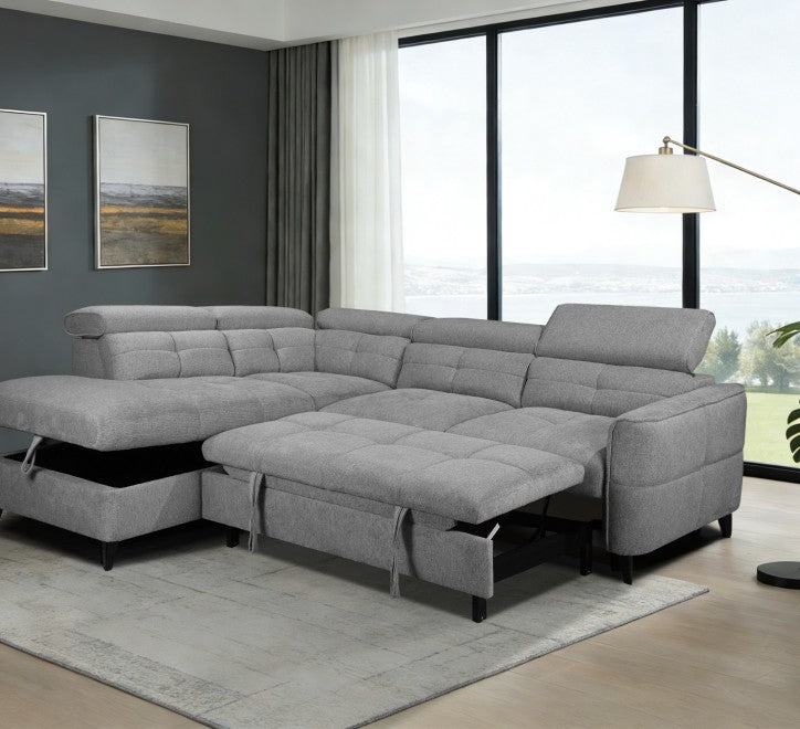 Grey corner sofa with plush cushions and a modern design in a stylish living room setting
