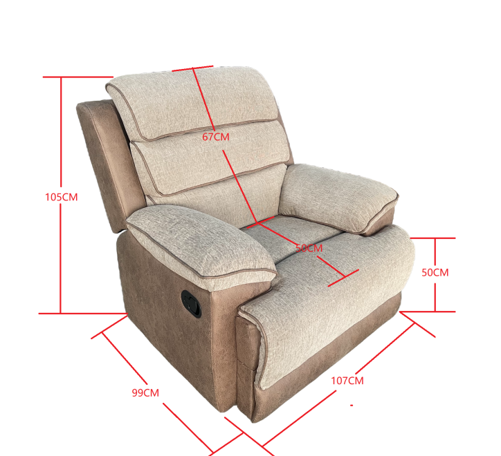 Two-tone fabric recliner chair with plush cushions and a modern design for ultimate comfort