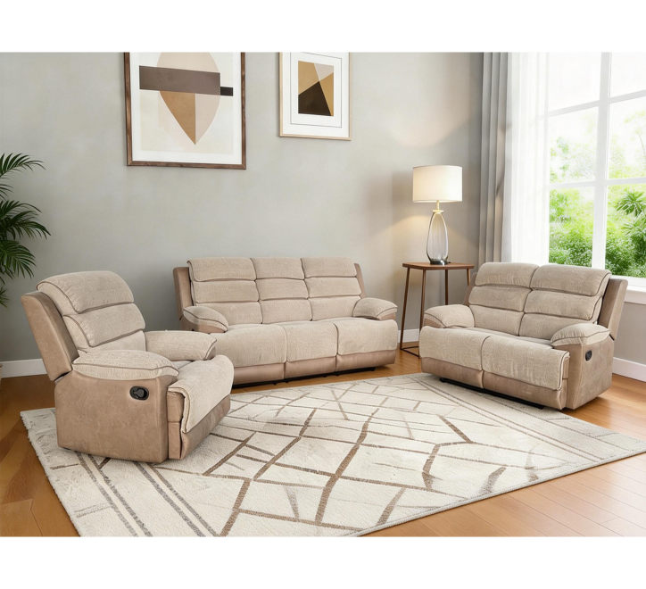 Jessica two-tone fabric collection featuring a cozy 3-seater sofa and reclining chairs in a stylish setting