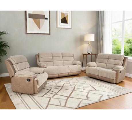 Jessica two-tone fabric collection featuring a cozy 3-seater sofa and reclining chairs in a stylish setting