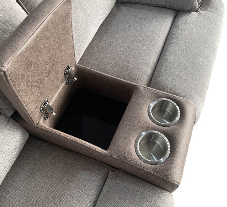 Two-tone fabric sofa with a center console featuring cup holders and storage compartment