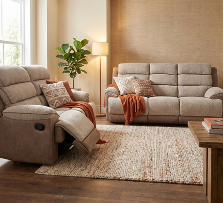 Jessica two-tone fabric 1 seater sofa in a cozy living room setting with warm accents and decor
