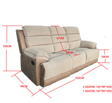 Two-tone fabric sofa with plush cushions and reclining features for ultimate comfort