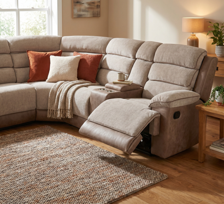 Jessica Corner Sofa in a cozy living room setting with plush cushions and a reclining feature