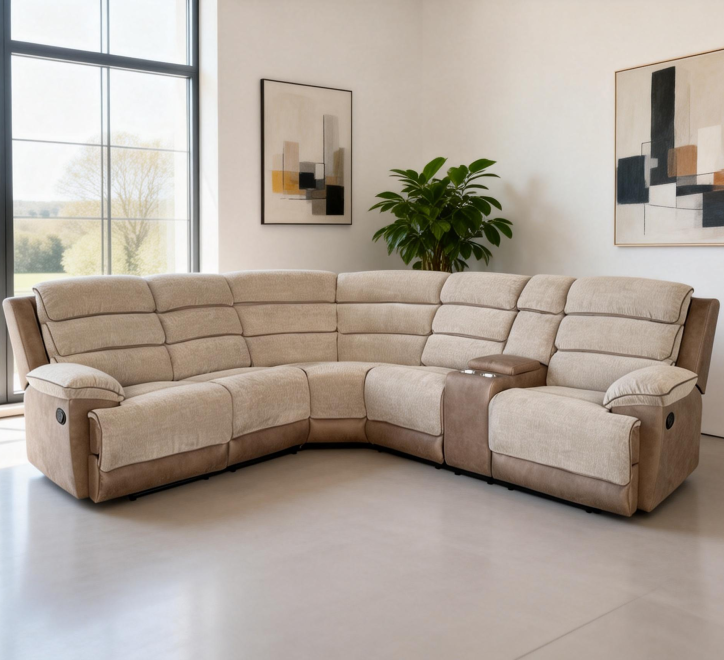 L-shaped corner sofa in beige fabric with brown accents and a built-in cup holder