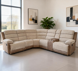 L-shaped corner sofa in beige fabric with brown accents and a built-in cup holder