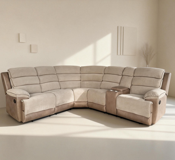 Beige Jessica Corner Sofa with plush seating and built-in cup holder in a modern living room setting