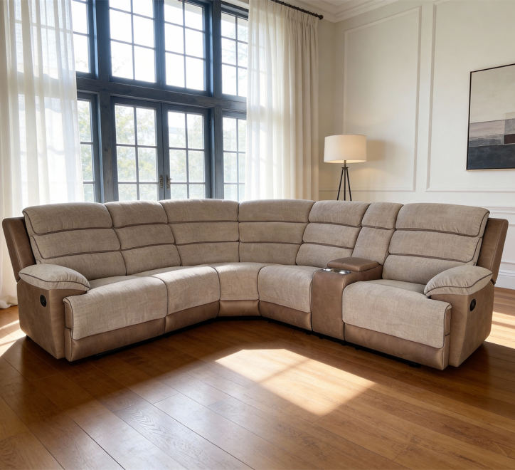 L-shaped corner sofa in a cozy living room with large windows and soft lighting