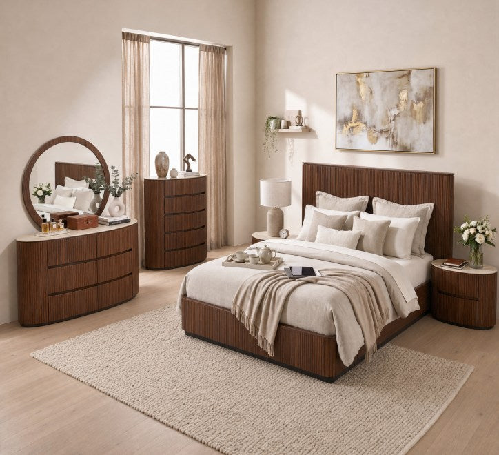 Cleo Bed in a stylish bedroom setting with neutral tones and modern decor elements