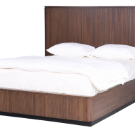 Modern wooden bed with a sleek headboard and white bedding for a stylish bedroom look