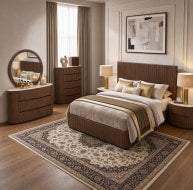 Cleo Bed in a stylish bedroom setting with elegant decor and warm lighting