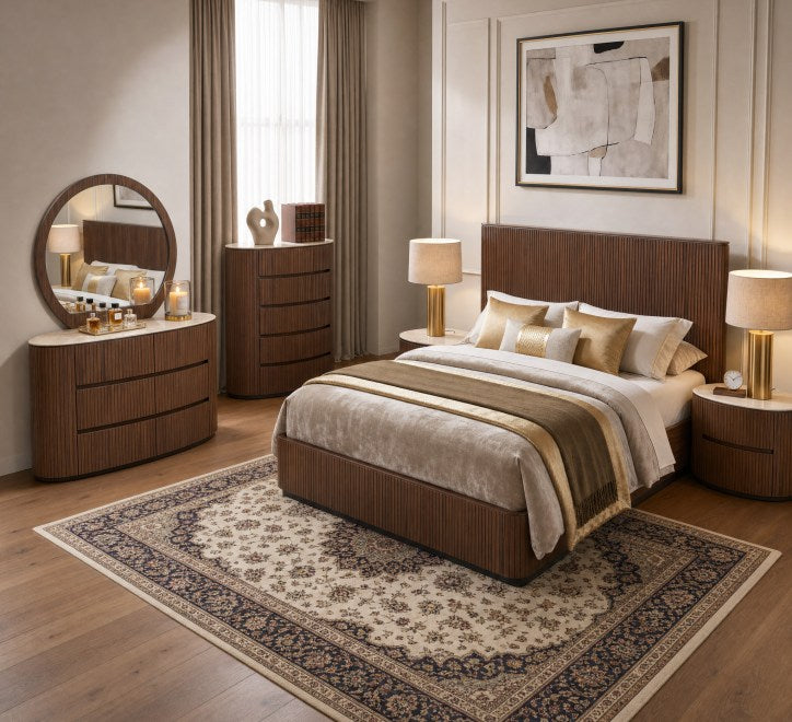 Elegant bedroom featuring the Cleo Bed with plush bedding and stylish decor elements