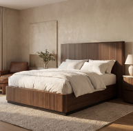 Cleo Bed featuring a modern design with a wooden frame and plush bedding in a cozy bedroom setting