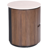 Round wooden locker with a light top and vertical slats in a rich brown finish