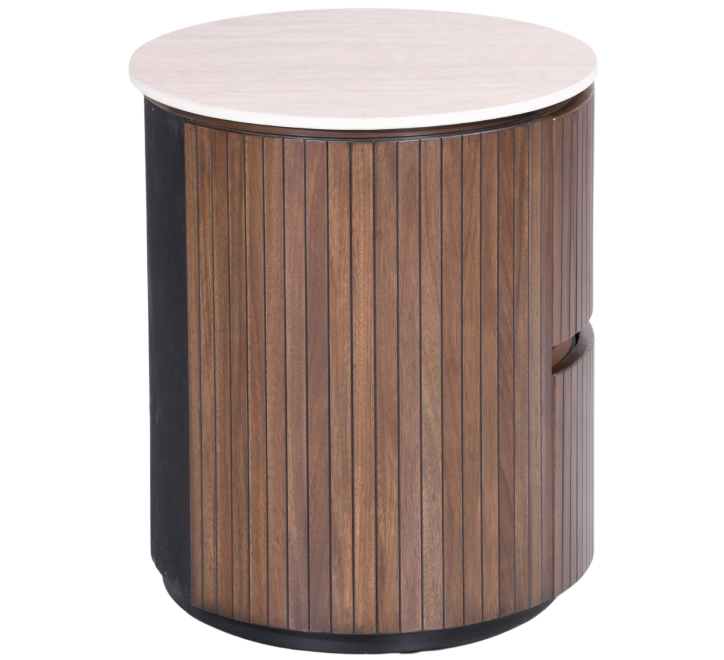 Round wooden locker with a light top and vertical slats in a rich brown finish