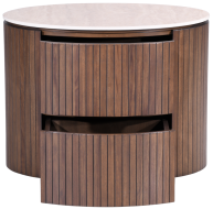 Round wooden locker with two drawers and a smooth top surface in a rich brown finish