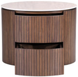 Round wooden locker with two drawers and a smooth top surface in a rich brown finish