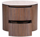 Round wooden locker with a marble top and two drawers featuring vertical slats