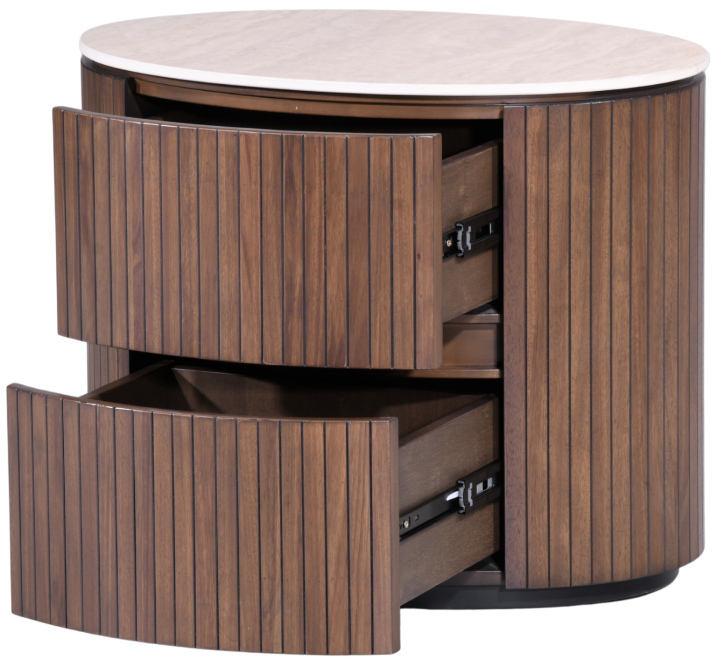 Round wooden locker with two curved drawers and a light-colored top surface
