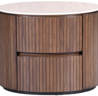 Round wooden locker with a marble top and vertical slats, featuring two storage compartments