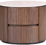 Round wooden locker with a marble top and vertical slats, featuring two storage compartments