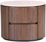 Round wooden locker with vertical slats and a smooth top, featuring two drawers for storage