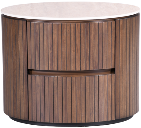 Round wooden locker with vertical slats and a smooth top, featuring two drawers for storage