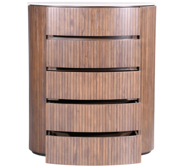 Cleo Chest featuring a modern design with five spacious drawers in a warm wood finish
