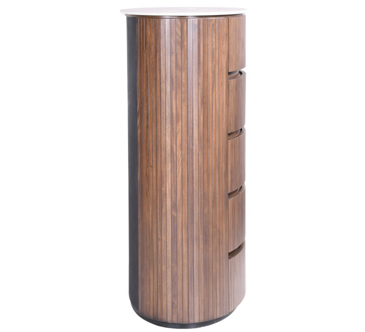 Cleo Chest featuring a sleek cylindrical design with wooden finish and four spacious drawers