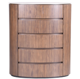 Cleo Chest featuring a curved design with five spacious drawers in a warm wood finish