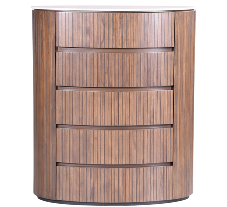 Cleo Chest featuring a modern design with five spacious drawers and a sleek wood finish