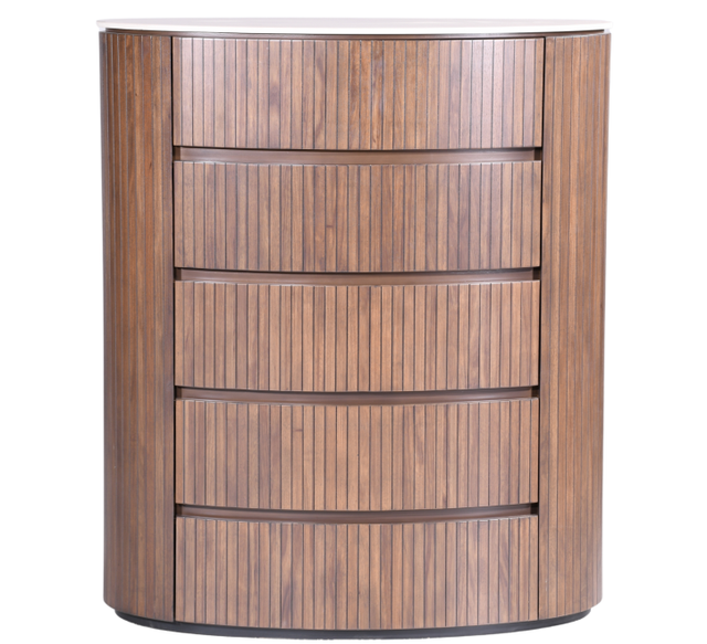 Cleo Chest featuring a modern design with five spacious drawers and a sleek wood finish