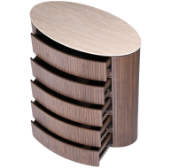 Cleo Chest with a sleek oval top and five curved drawers in a rich wood finish